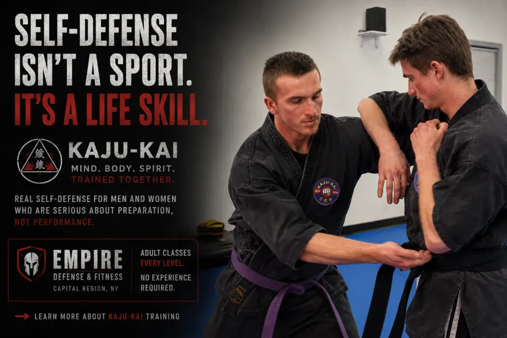 Alan Condon teaching KAJU-KAI self-defense training for adults at Empire Defense and Fitness in Albany NY