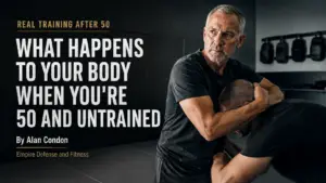 Man over 50 training with discipline and focus, representing readiness, strength, and functional self-defense capability at Empire Defense and Fitness.