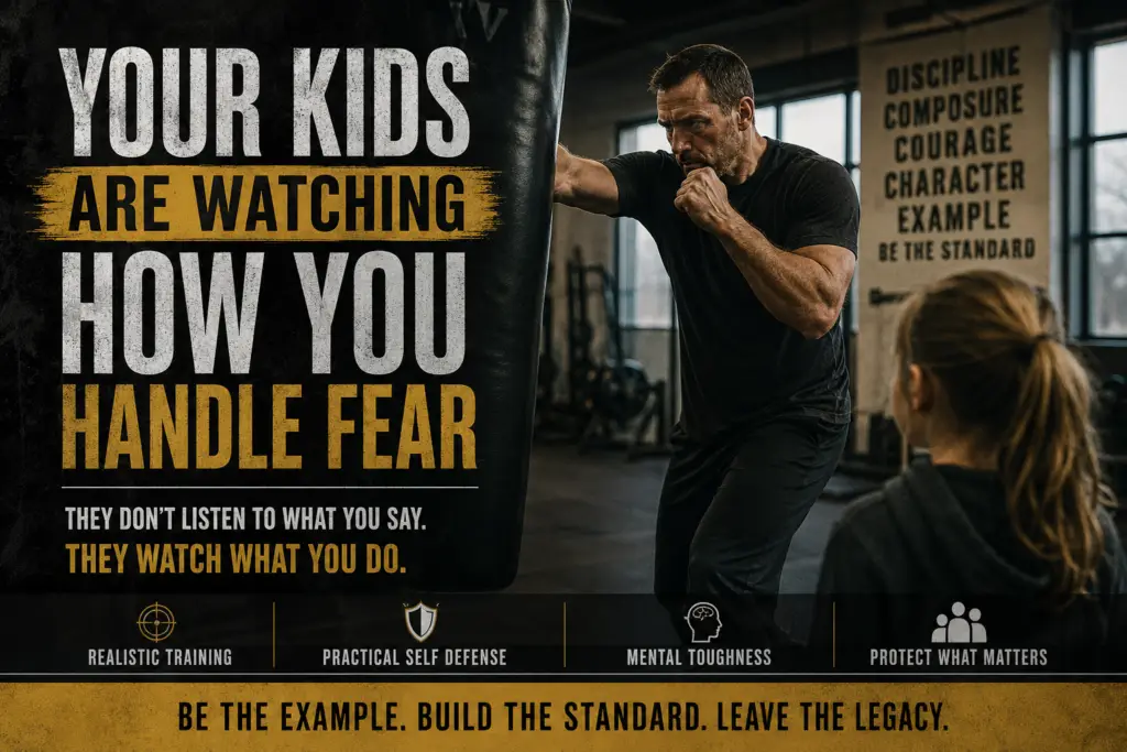 Father training self-defense at Empire Defense and Fitness in Albany NY, modeling discipline, composure, and courage for his children.