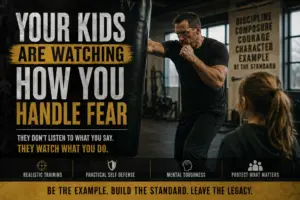 Father training self-defense at Empire Defense and Fitness in Albany NY, modeling discipline, composure, and courage for his children.