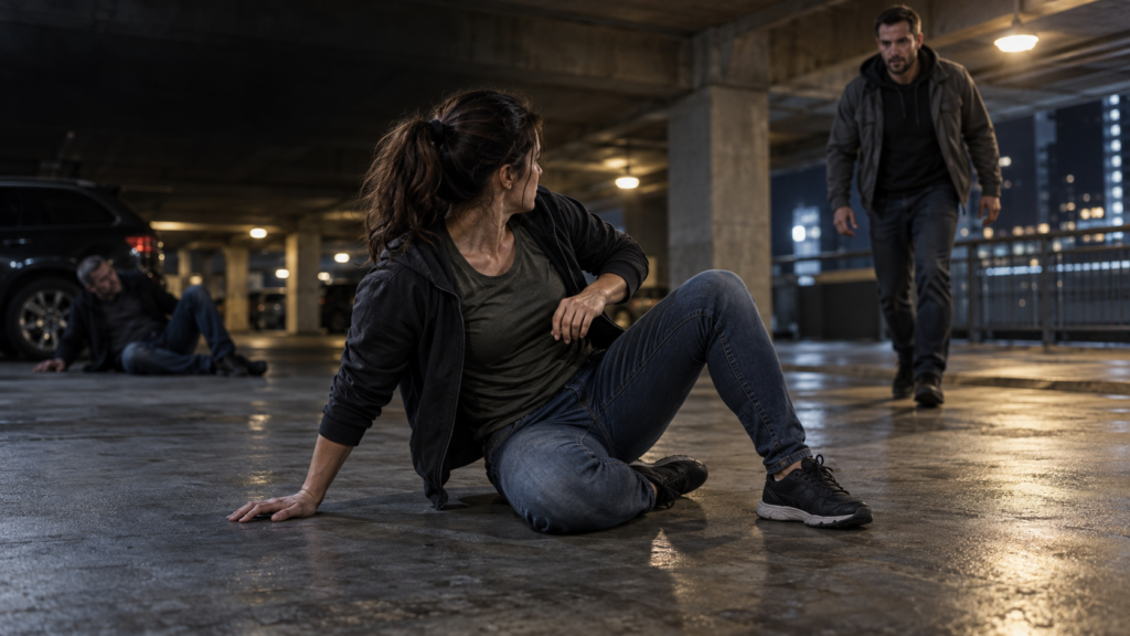 Adult self-defense training in Albany, NY showing ground survival and getting back to the feet while monitoring another threat.