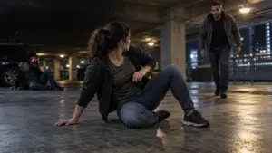 Adult self-defense training in Albany, NY showing ground survival and getting back to the feet while monitoring another threat.