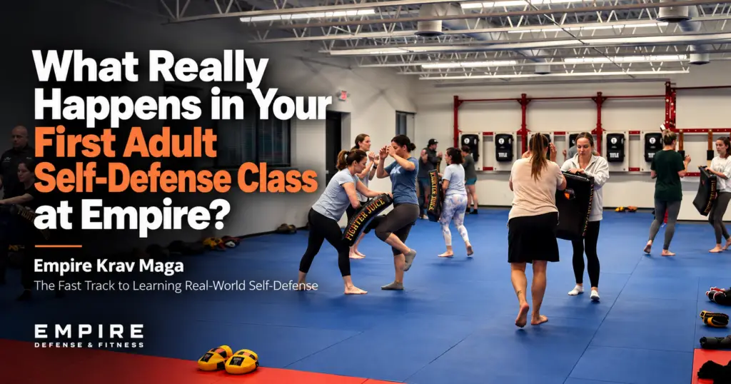 Adult beginner learning practical self-defense during an Empire Krav Maga class in Albany, NY