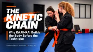 KAJU-KAI student practicing connected striking mechanics from the feet through the hips and upper body.